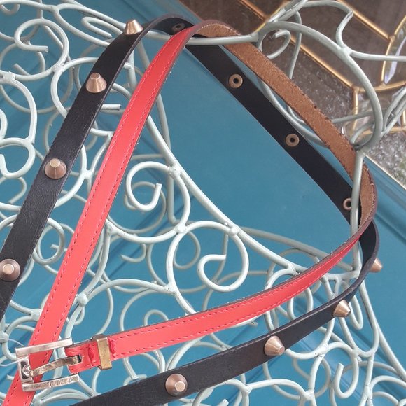 2 Belts Genuine Leather Thin Studded with Spikes Metal Studs Grommets Rivet BOGO - Picture 6 of 16